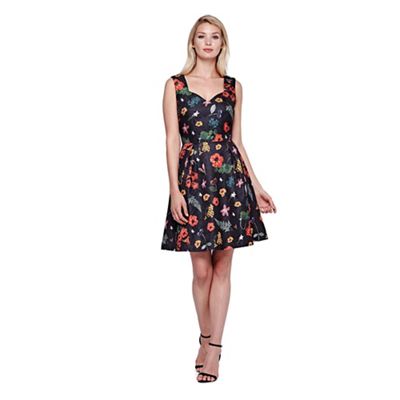 Yumi black Skater Dress With Textured Floral Print